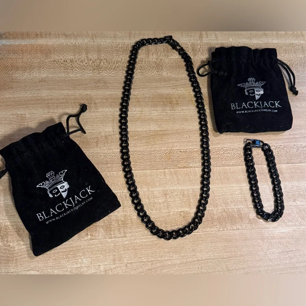 Blackjack Jewelry Black Chain Necklace & Bracelet Set Gothic Street Style Unisex